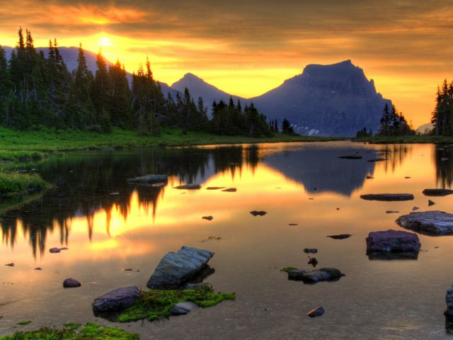 Sunrise With Mountains, Lake And